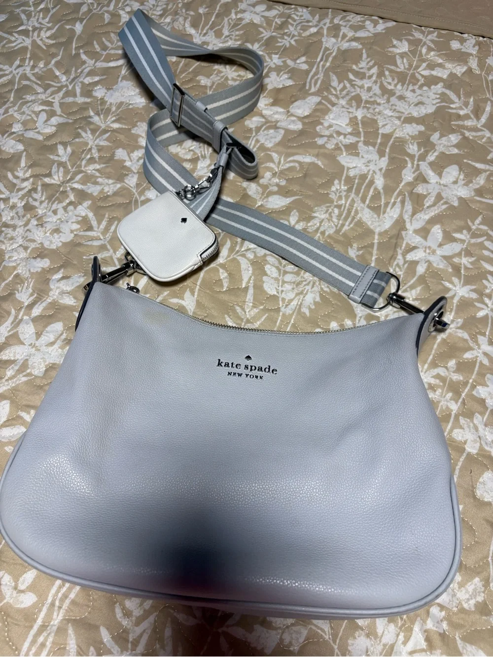 kate spade Pale Gray Pebbled Leather Shoulder Bag with Striped Strap